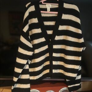 H&M Black and Cream Striped fluffy Cardigan